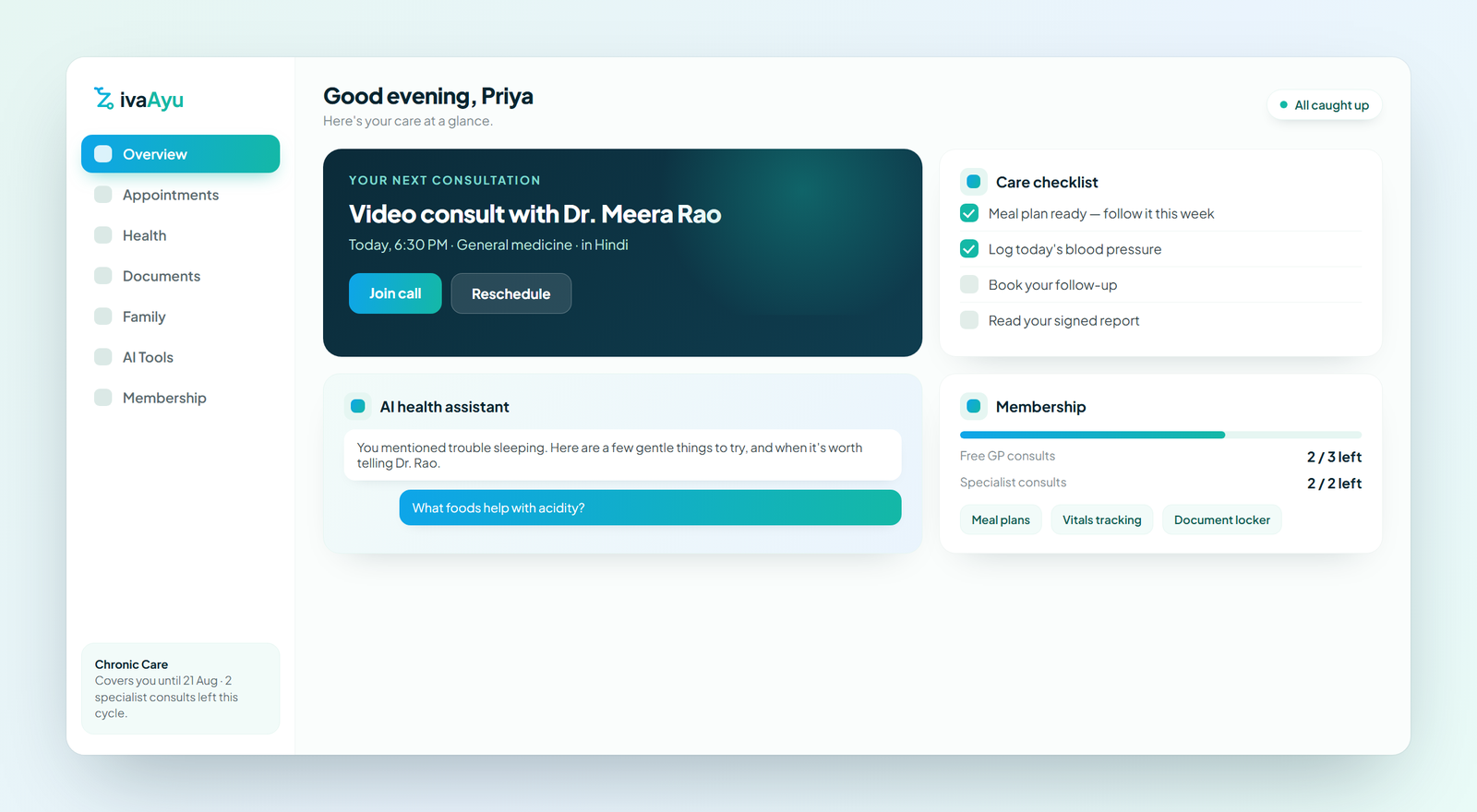 A patient's ZivaAyu dashboard, showing their next consultation, care checklist and AI assistant