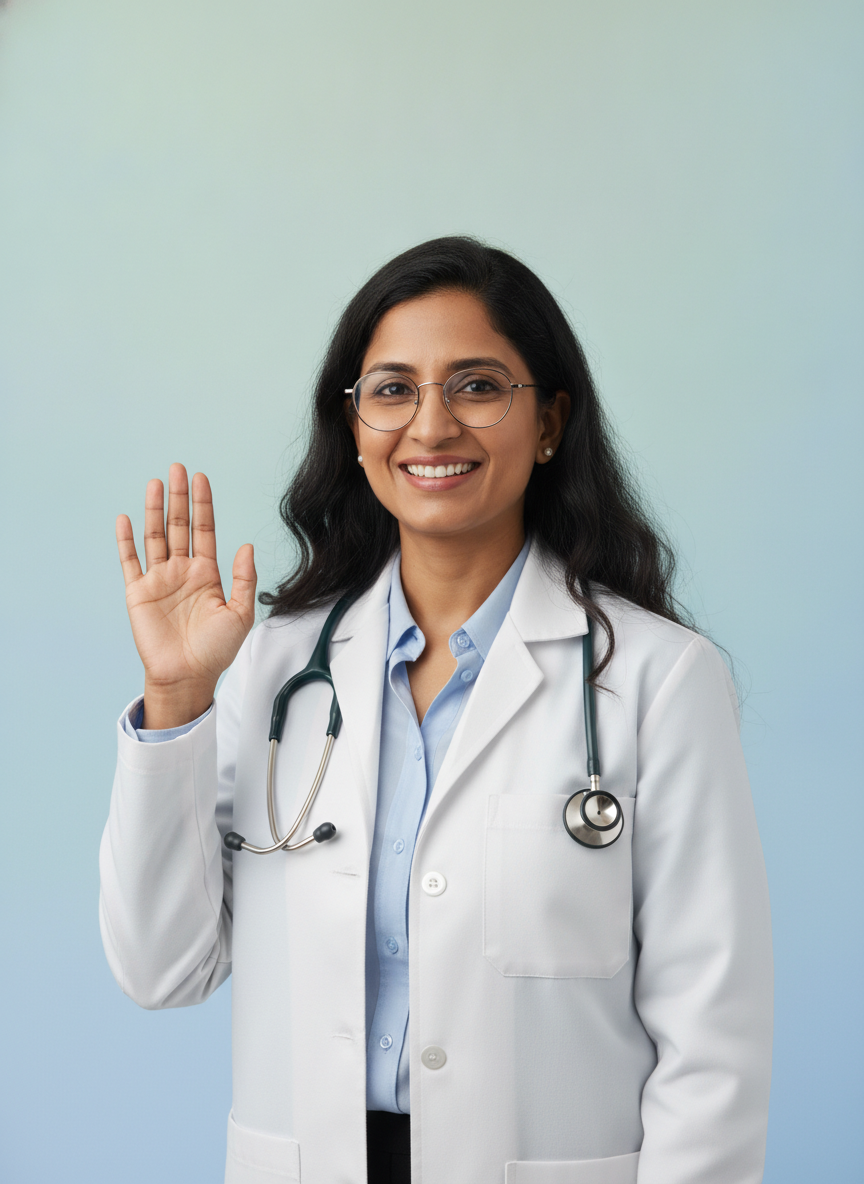 A doctor waving hello at the start of a video consultation